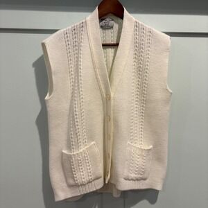 Vintage College Point Knit Cardigan Vest Mens XL Cream Cable Knit Pockets USA